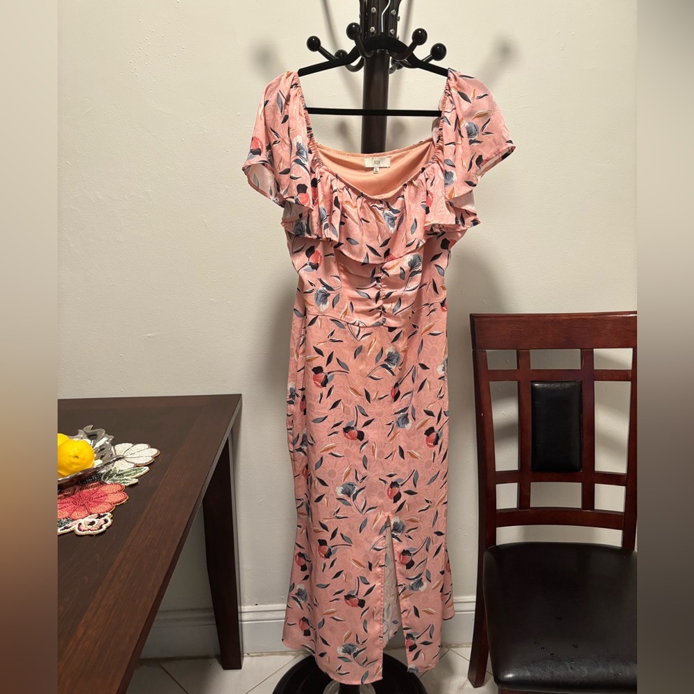 NSR Pink Floral Midi Dress with Ruffle Detail